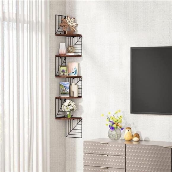 Corner Shelf Wall Mount of 5 Tier, Rustic Wood Floating Shelves Wall Shelves - Picture 2 of 7